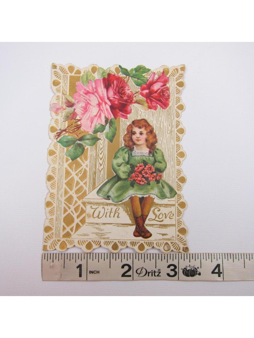 Valentine Card Girl Green Dress Holds Red Poppy Flowers Gold Pink Roses Antique - Picture 6 of 12